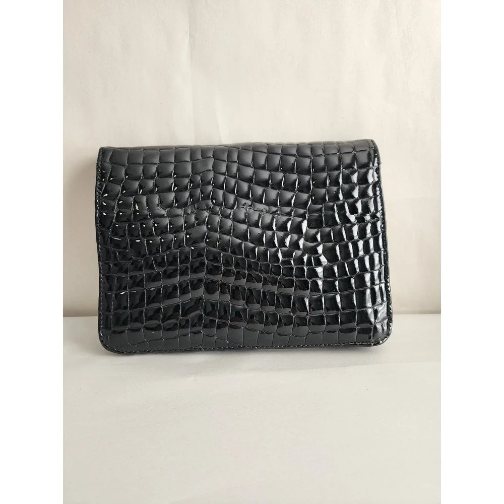 Stiletto Black Patent Croc Embossed Envelope Clutch Bag Purple Lining
